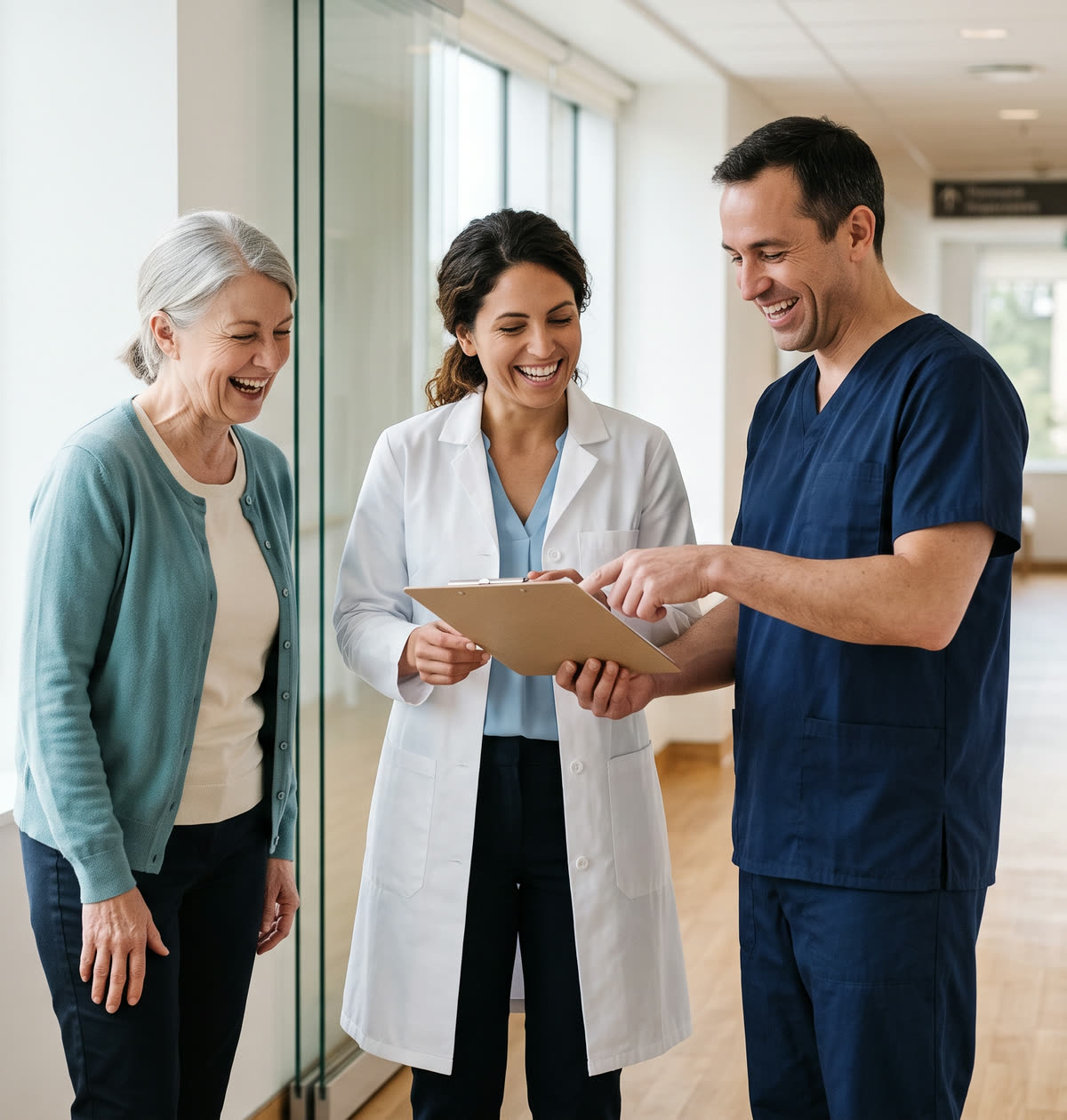 A physician, a nurse and a colleague reviewing a patient chart together